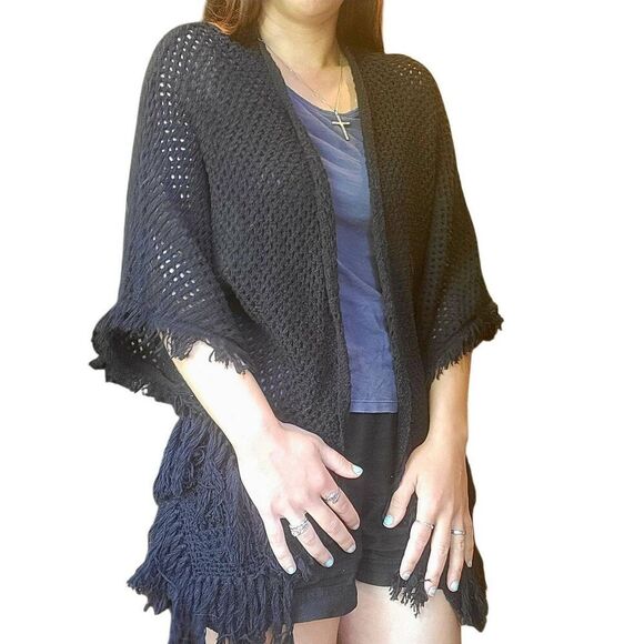 NWT American Eagle Cardigan Women's Small Black Crochet Fringe Boho Open Knit - Picture 5 of 7